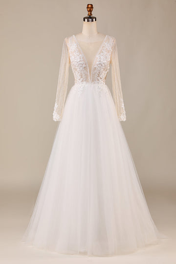 A Line Deep V-Neck Ivory Tylle Sweep Train brudekjole med blonder
